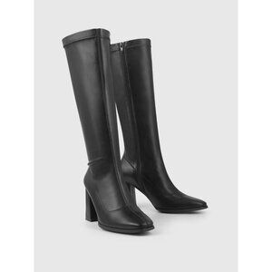 NWOT Chunky Block Heeled Black Faux Leather Knee High Boots Size 38 US 8 Classic